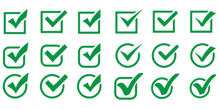 Checkmark icon set. Containing check, accept, agree, selected, confirm, approve, correct, complete, checklist, and verified icons. Solid icon collection.