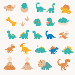 Cute pastel dinosaur clipart set with baby dinosaurs, dinosaur egg, footprints, bone, volcano and pterodactyl © kin9candra