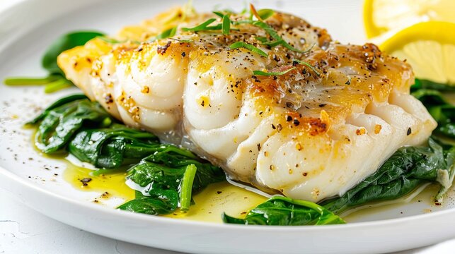 Pan-seared cod fillet served on a bed of saut&eacute;ed spinach, garnished with fresh rosemary and lemon slices, drizzled with olive oil on a white plate.