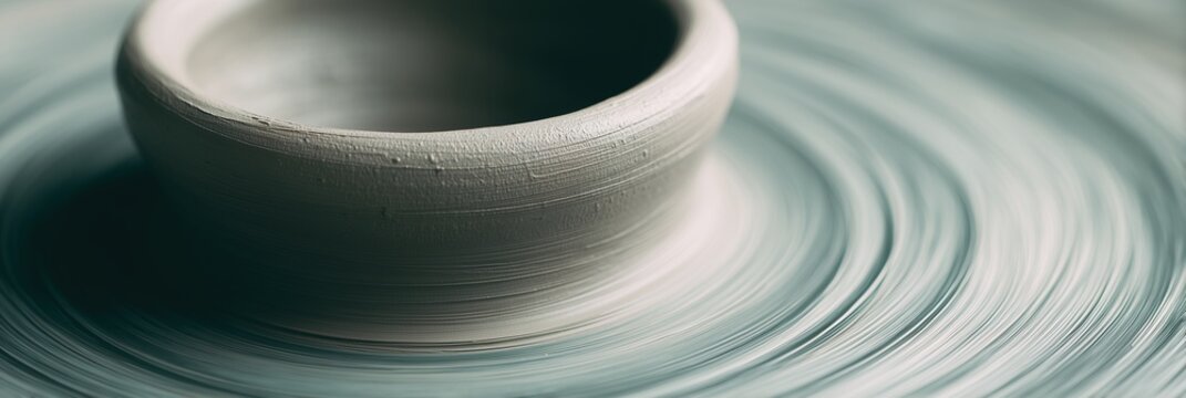 Clay pot on spinning potter wheel, artisan craft. Wet clay creates abstract circular lines, highlighting skill and creation process