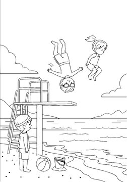 Kids Jumping and Diving Into Water at Summer Beach