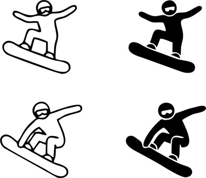 Snowboarding Extremes and Winter Sports Action Icon Set Vector, snowboarding icon, winter sports, snowboard silhouette, extreme activity, alpine recreation, stick figure skier, mountain adventure