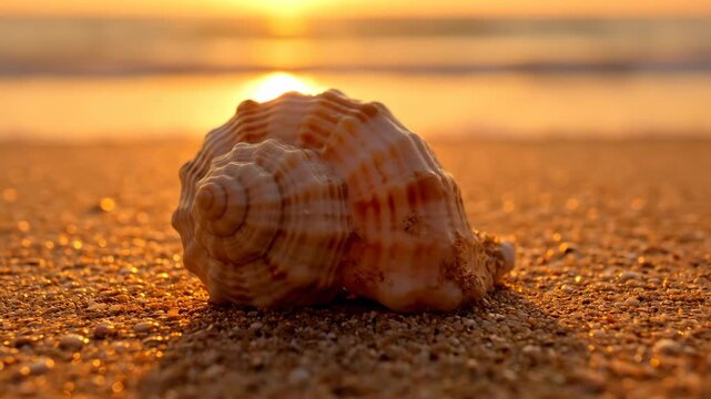 A seashell rests on a sandy beach during a golden sunset by the ocean while waves softly break