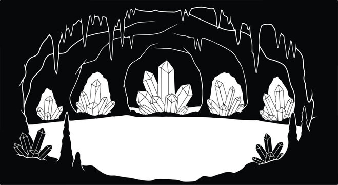 Vector Silhouette of a Subterranean Cave with Stalactites and Growing Crystal Formations