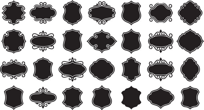 Set of decorative black vintage frames and ornate shield shapes for labels and badges collection featuring elegant calligraphy borders and classic style icons