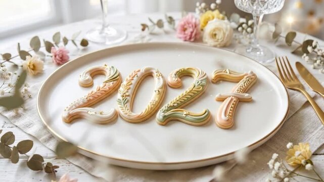 Gingerbread cookies shaped as 2027 on white plate surrounded by eucalyptus and flowers. New year festive dessert with champagne glass and utensils. Holiday celebration baking concept for 2027