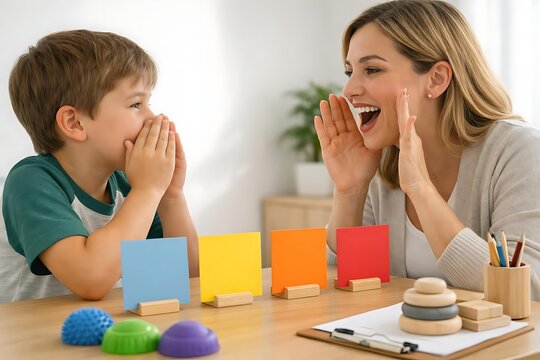 Child practicing speech sounds with color cards during language therapy