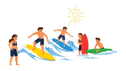 Surfing Summer Day: A group of people enjoy surfing on ocean waves under a bright sun. The illustration depicts surfers riding different colored boards. © abidakhatun