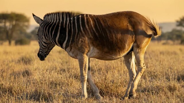 A quagga zebra grazing on dry grass in the African savanna for wildlife conservation and extinct animal concept