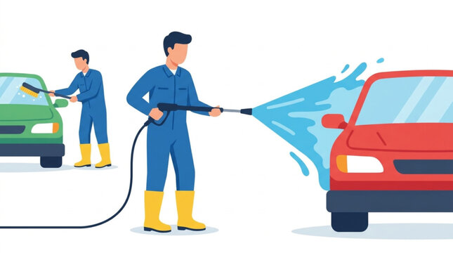 Two men in blue overalls and yellow boots meticulously wash cars using high-pressure water jets in a bright, clean service bay, highlighting automotive care