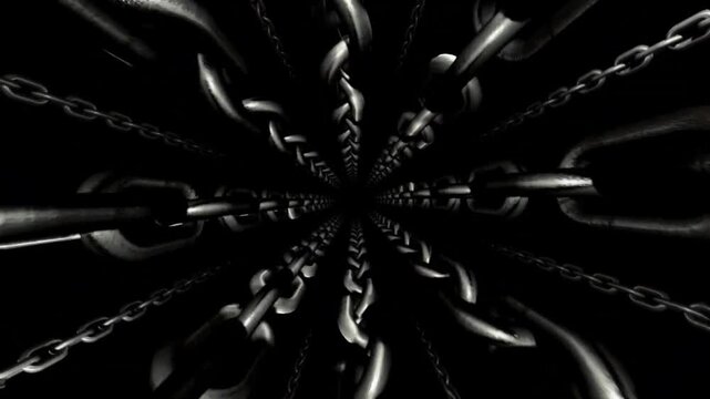 Dark metallic chains forming an endless tunnel, a powerful 3d animation loop suitable for VJ and DJ performances, a compelling 3d video background