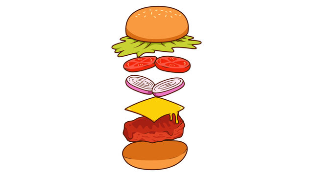 Vector illustration of deconstructed flying burger ingredients isolated on transparent background