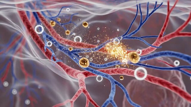 Detailed Visualization of Human Blood Vessels with Moving Cells and Particles in Red and Blue Veins Illustrating Biological Processes and Vascular Health
