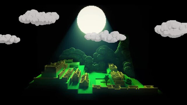 Dynamic 3D animation loop retro pixel art night scene. Ideal VJ DJ visuals, mesmerizing 3D video with motion graphics for digital display