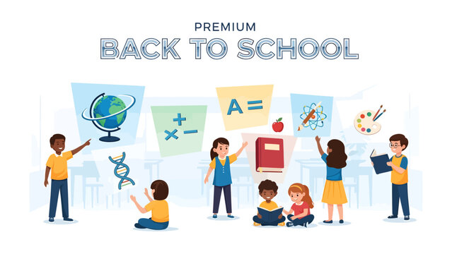 Back to School Celebration: A vibrant illustration depicts children engaging with various educational elements, celebrating the joy of learning and the start of a new academic year.