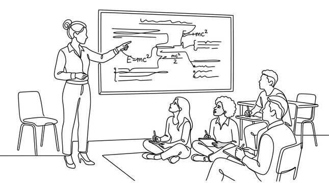 A teacher explaining physics formulas on a whiteboard to a group of students in a classroom setting.