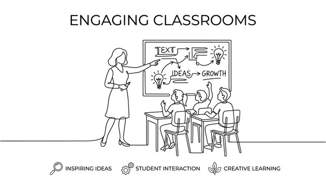 Continuous line art illustration of a teacher instructing students in a classroom setting.