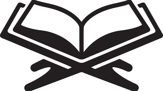 Black and white vector icon illustration of an open quran holy book resting on a wooden stand representing religious study and islamic faith literature