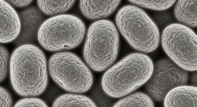 Close-up microscopic view of numerous pollen grains revealing intricate textures and organic shapes
