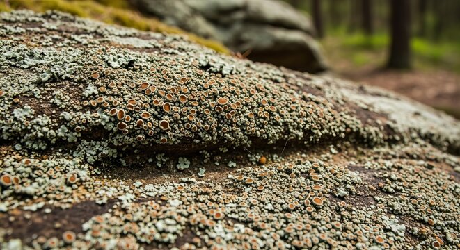 Detailed macro view of lichen growth forming intricate patterns on a rough rock surface in a natural forest setting