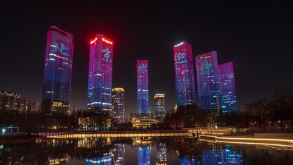 Fototapeta premium Night view of Wangjing CBD, Beijing, China