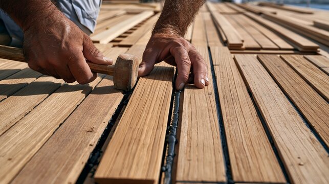 A craftsperson positioning a narrow teak deck plank between installed planks with black caulking seams on a yacht deck.