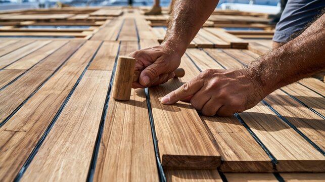 A craftsperson positioning a narrow teak deck plank between installed planks with black caulking seams on a yacht deck.