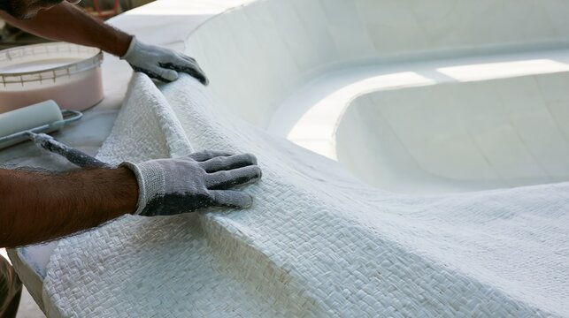 A boat builder pressing fiberglass cloth into a curved hull mold during yacht hull layup manufacturing.