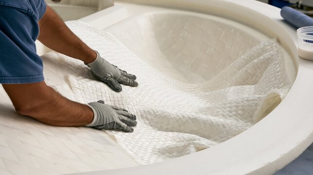 A boat builder pressing fiberglass cloth into a curved hull mold during yacht hull layup manufacturing.