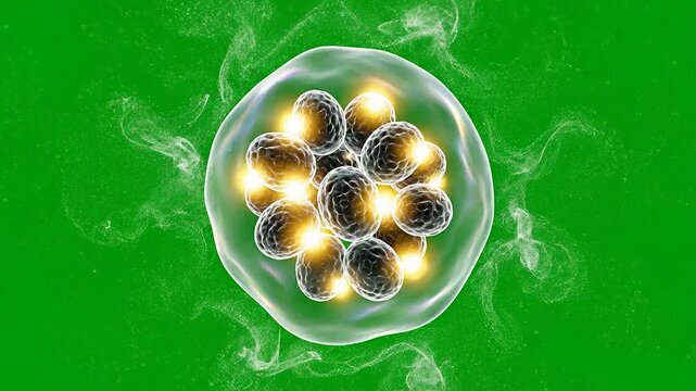 Dynamic CGI Visual Of Cell Division Against Vibrant Green Background With Glowing Elements Illustrating Intricacies Of Cellular Reproduction