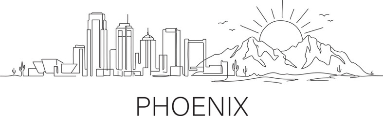 Sunrise glows over desert mountains, Phoenix city skyline rises © Felicia