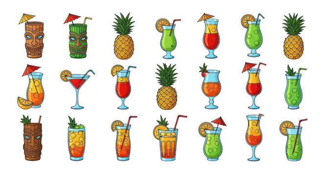 Tropical Cocktails and Tiki Masks Collection - Summer Drinks and Exotic Fruits