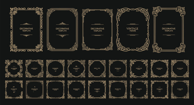 Vintage decorative gold frames with ornate floral scroll motifs, geometric art nouveau style templates, elegant border design collection, flat vector illustration
