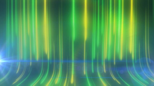 Abstract green and yellow neon light background with vertical glowing beams, lens flare, and futuristic digital energy flow.