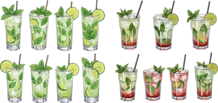 Set of Mojito cocktails with mint, lime, and ice, including strawberry variations, hand-drawn vector illustration.