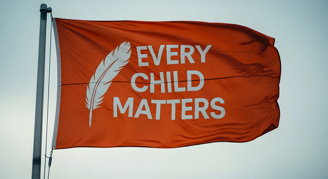 Orange flag with every child matters text and feather
