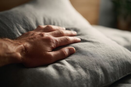 Close-up of a man's hand resting on a pillow, showing weakness, natural skin texture in a quiet indoor setting.