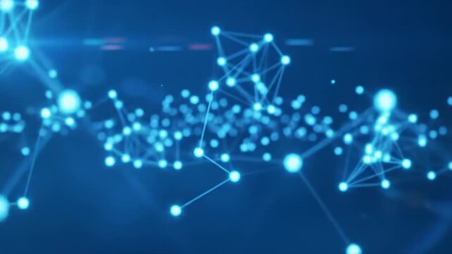 An abstract, dynamic plexus network of luminous electric blue nodes and glowing lines, expanding against a deep cerulean void with ethereal haze. Concept of a vast intelligent global network