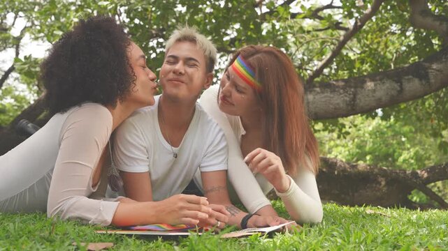 Latina women in love with cross-dressing men and tomboys, happily kissing and wearing Pride flags and celebratory outfits for parades in parks, all part of the Pride and LGBTQ festival concept