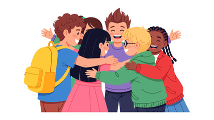 Joyful Embrace: A diverse group of happy children share a warm hug, radiating friendship and togetherness in a vibrant illustration.
