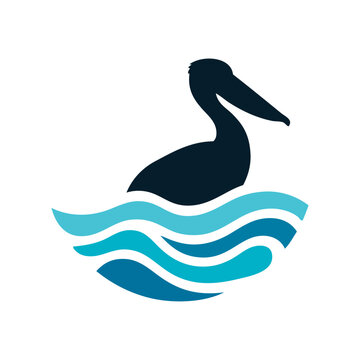 Logotipo con el dibujo de la silueta de un pel&iacute;cano visto de perfil, flotando en ondas curvas del mar
