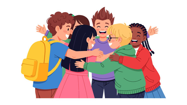 Joyful Embrace: A diverse group of happy children share a warm hug, radiating friendship and togetherness in a vibrant illustration.