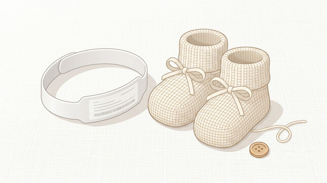 Knitted baby booties and white headband on light background  