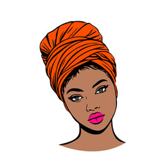 Logotipo boutique de moda. Dibujo sencillo con líneas de la cara de una mujer negra africana con un pañuelo de color naranja en la cabeza, vista de frente  © teracreonte
