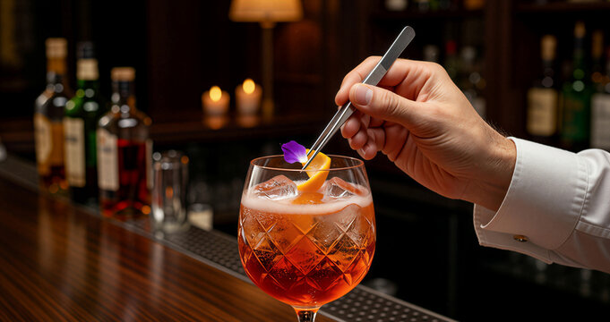 Bartender garnishing an alcoholic cocktail with a flower using culinary tweezers. Professional preparation of an orange refreshing drink at a bar counter. Luxury nightlife hospitality.