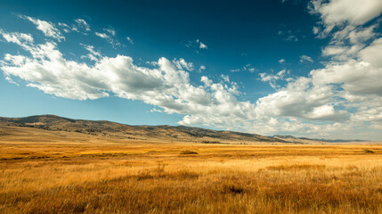 Fototapeta premium Golden prairie expanding under azure sky with fluffy clouds and rolling hills meadow grass vast field