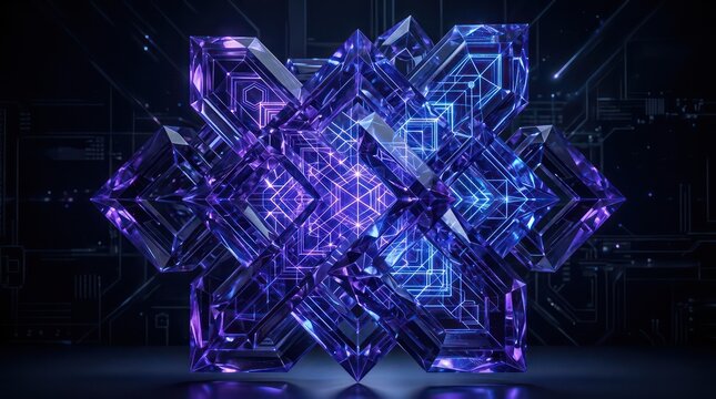 Quantum Resistant Crystalline Encryption Core With Glowing Violet Blue Geometric Circuit Pattern For Futuristic Cybersecurity Technology Background