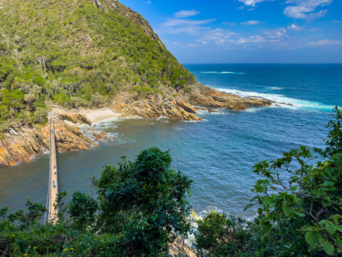Scenic view of the Storms River Mouth gorge and suspension bridge