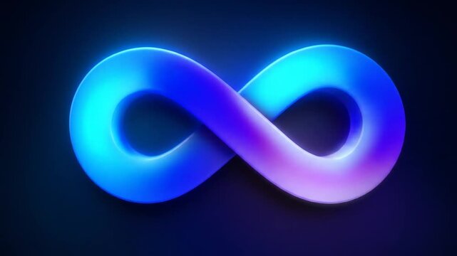 Glowing 3D blue and purple infinity symbol on black background
