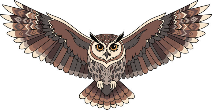 Majestic flying owl vector illustration with wide open wings and detailed tribal ethnic geometric patterns on white background